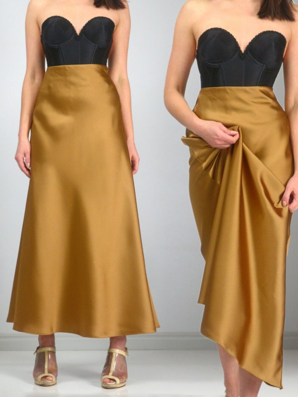 Club Monaco Bias Cut Satin Slip Skirt in Honey, Long Draped Mini Skirt, sz 4 - Picture 2 of 15